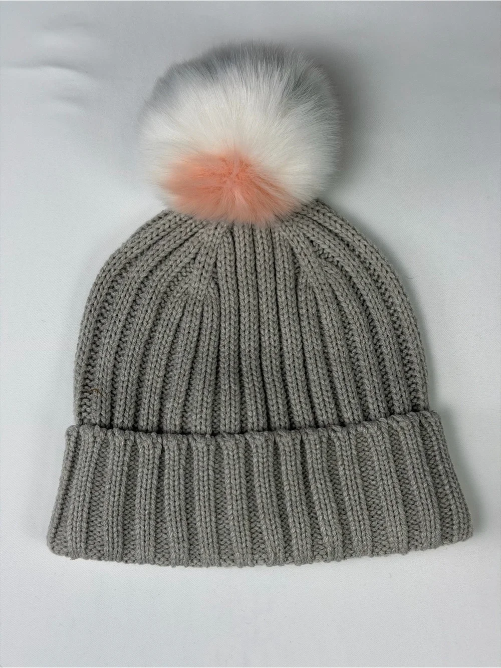 J. Crew Gray Knit Beanie with White, Gray & Peach Pompom!  NWT - warm fashion